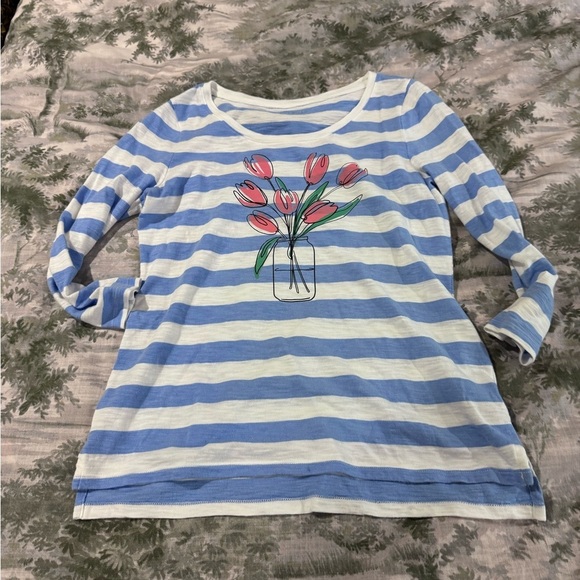 Talbots Blue and White Long Sleeve Tee with Botanical Print - Picture 2 of 7